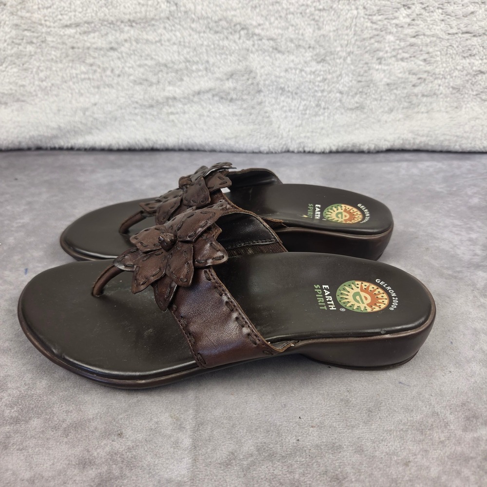 Earth Spirit Womens Brown Leather Slide Sandals Low Wedge Strappy Comfort Shoes